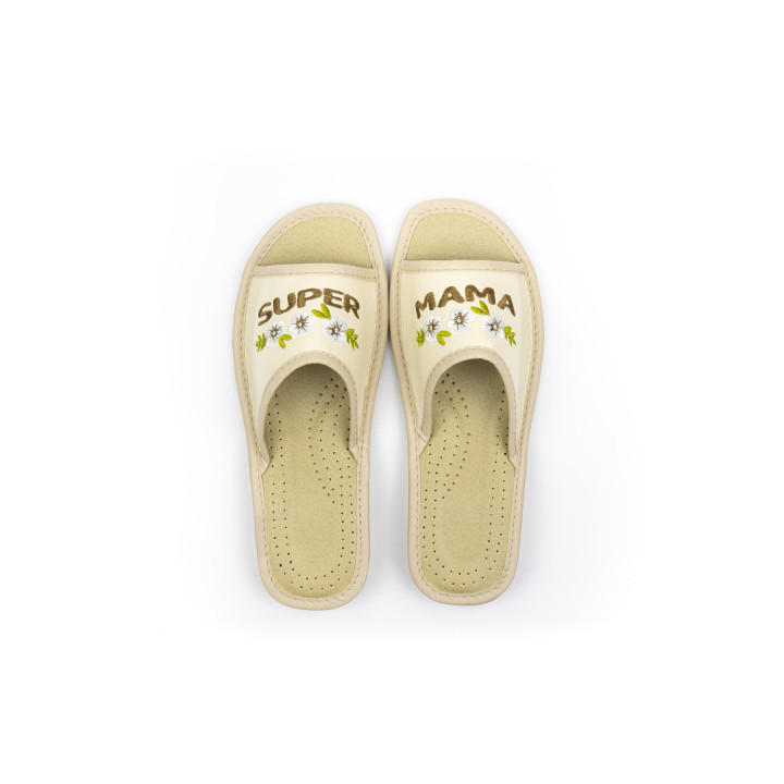 Beżowe kapcie z napisem Super Mama, pantofle damskie na prezent dla mamy