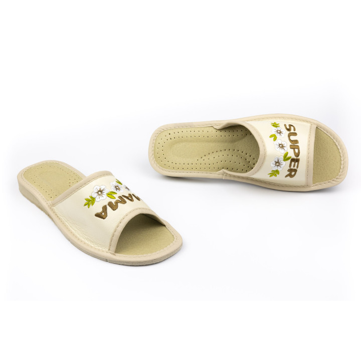 Beżowe kapcie z napisem Super Mama, pantofle damskie na prezent dla mamy