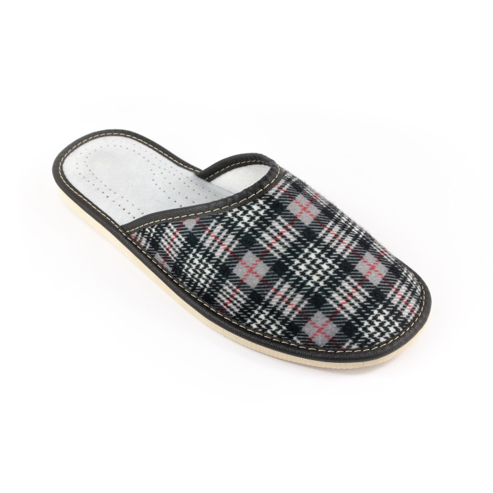 Skórzane męskie pantofle w kratkę, laczki męskie, papcie domowe męskie
