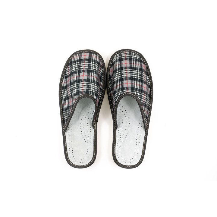 Skórzane męskie pantofle w kratkę, laczki męskie, papcie domowe męskie