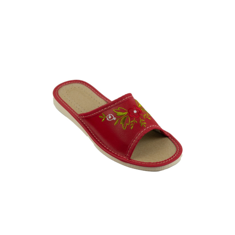 Czerwone pantofle damskie w kwiaty, wygodne kapcie damskie, papcie - numer 253