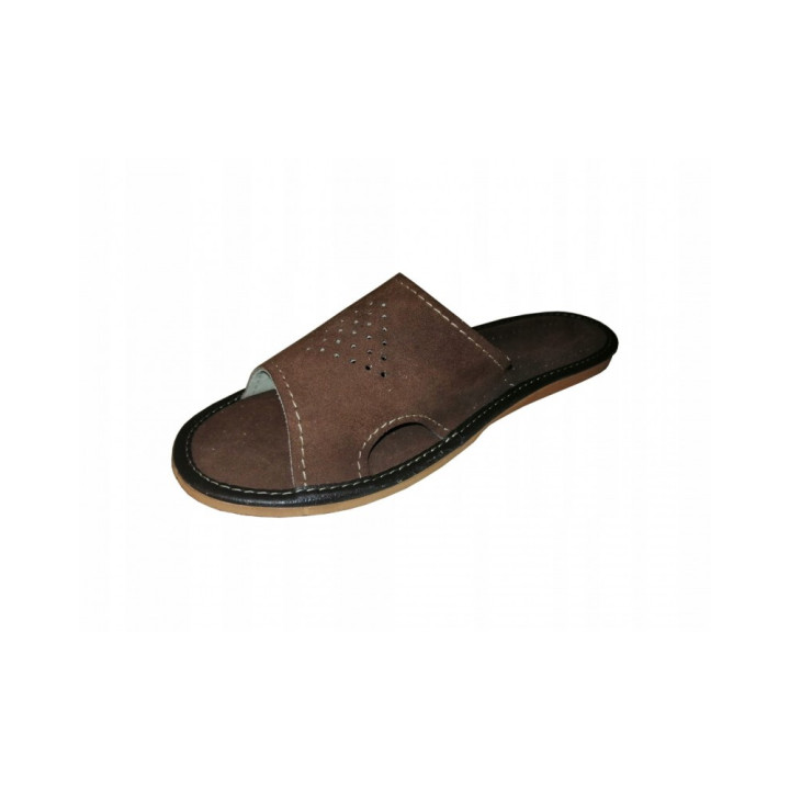 Brązowe, zamszowe męskie kapcie z otwartymi noskami, skórkowe kapcie - numer 180