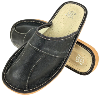 Brązowe kapcie skórzane męskie, pantofle łączone z 4 elementów