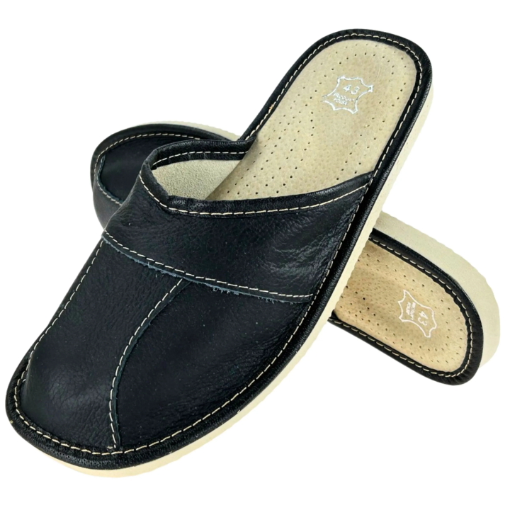 Laczki męskie czarne skórzane, pantofle męskie łączone z 4-elementów