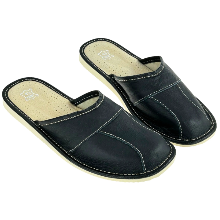 Laczki męskie czarne skórzane, pantofle męskie łączone z 4-elementów