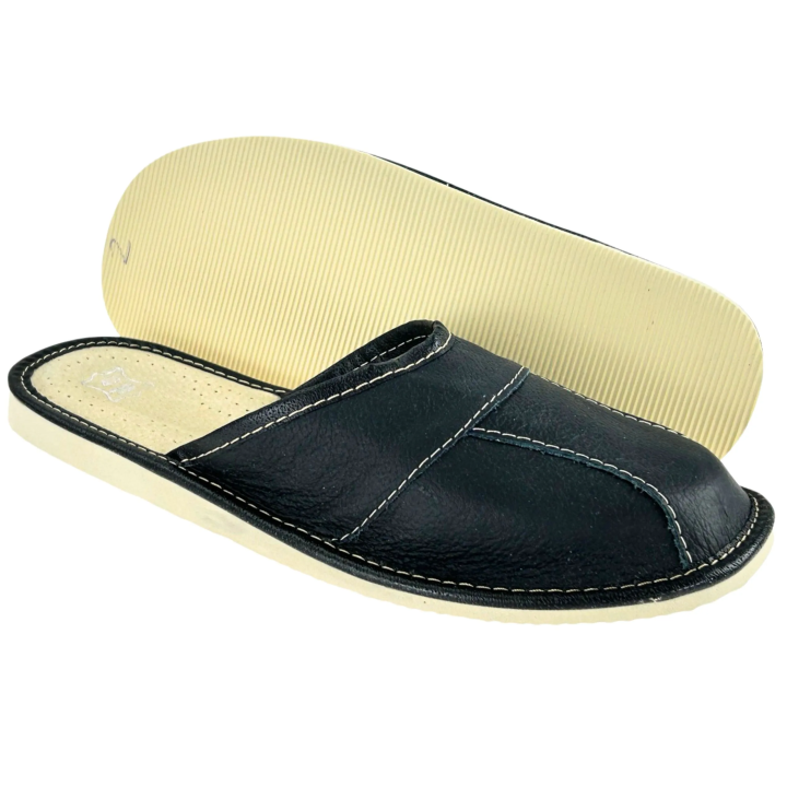 Laczki męskie czarne skórzane, pantofle męskie łączone z 4-elementów