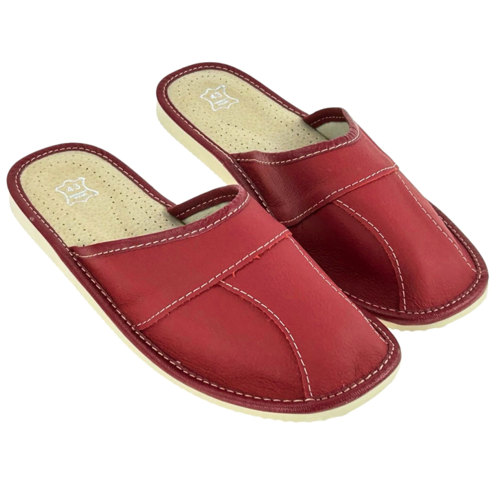 Czerwone kapcie skórzane męskie, wytrzymałe pantofle męskie z elementów