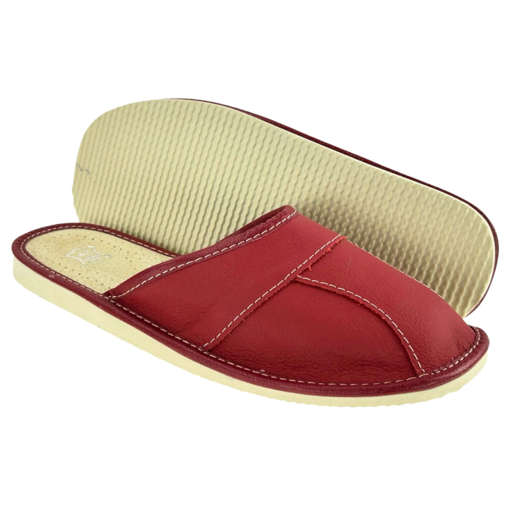 Czerwone kapcie skórzane męskie, wytrzymałe pantofle męskie z elementów
