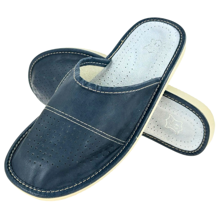 Granatowe laczki męskie skórzane, papcie domowe dla Panów
