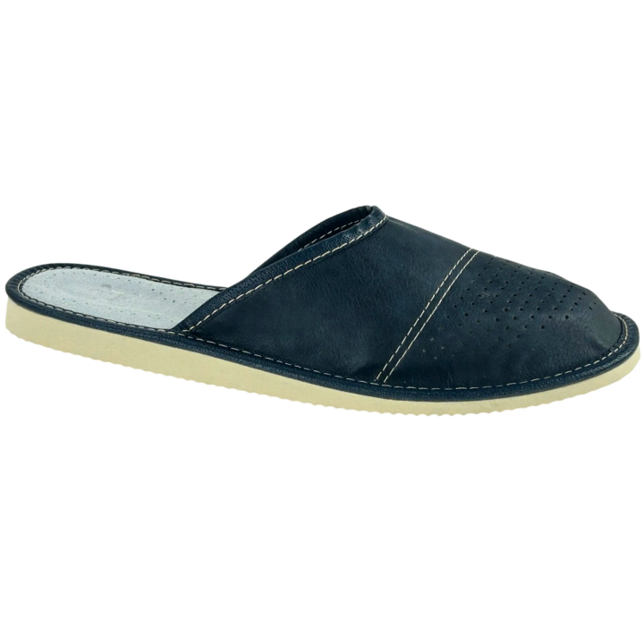 Granatowe laczki męskie skórzane, papcie domowe dla Panów