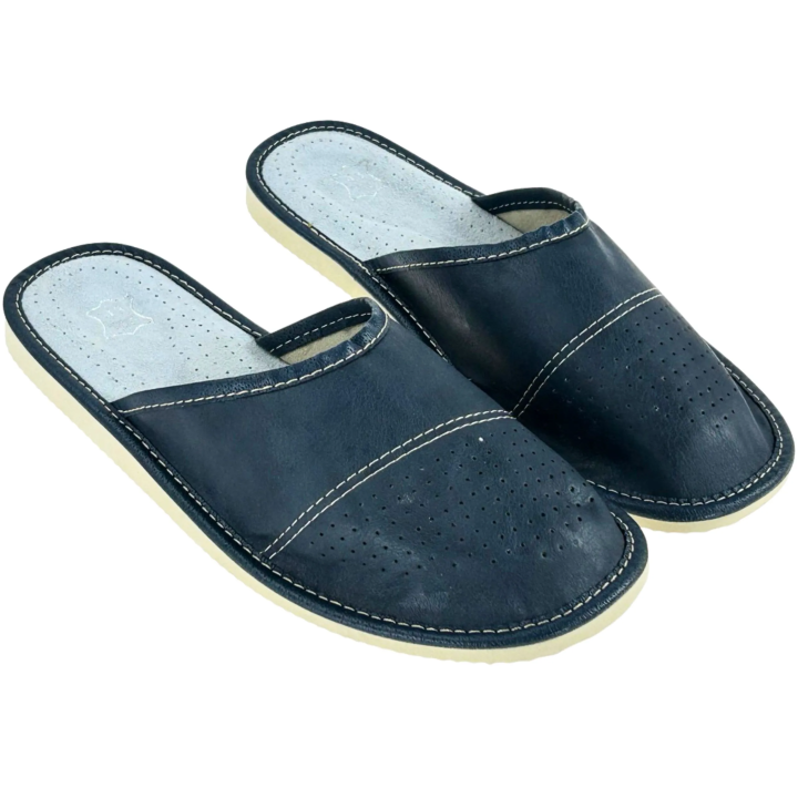Granatowe laczki męskie skórzane, papcie domowe dla Panów