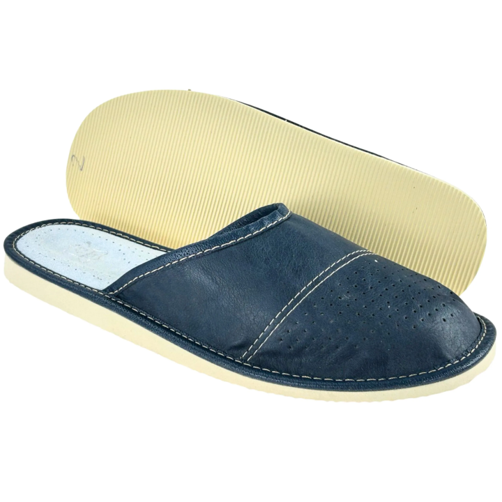 Granatowe laczki męskie skórzane, papcie domowe dla Panów