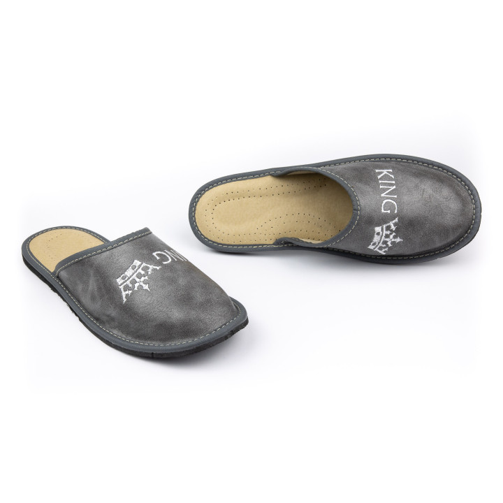 Pantofle męskie "King" szare, kryte cichobiegi męskie