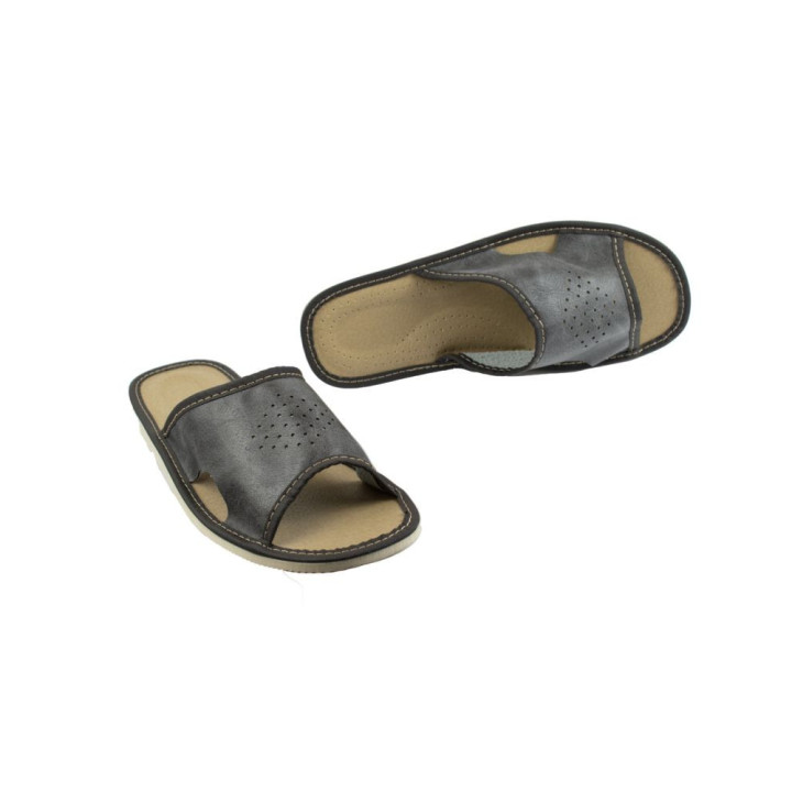 Szare kapcie męskie z wycięciami po bokach, dobra cyrkulacja powietrza