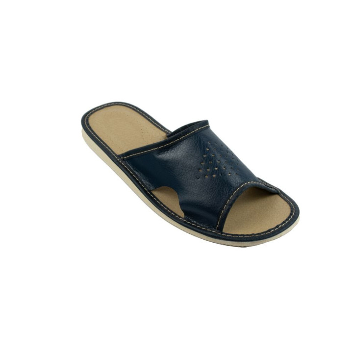 Granatowe kapcie męskie z wycięciami po bokach, dobra cyrkulacja powietrza