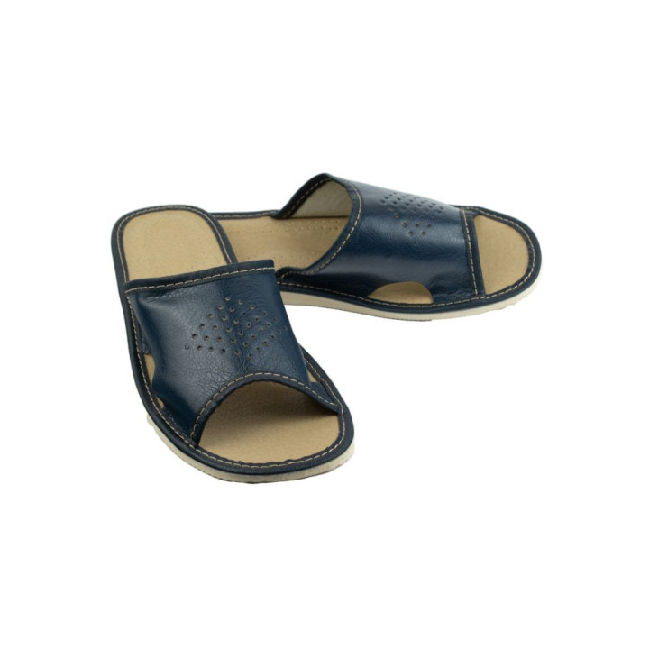 Granatowe kapcie męskie z wycięciami po bokach, dobra cyrkulacja powietrza